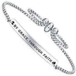 SOUSYOKYOSAM Dainty Cuff Bracelet - by Grace, Through Faith - Christian Bible Verse Gifts for Women Teen Girls