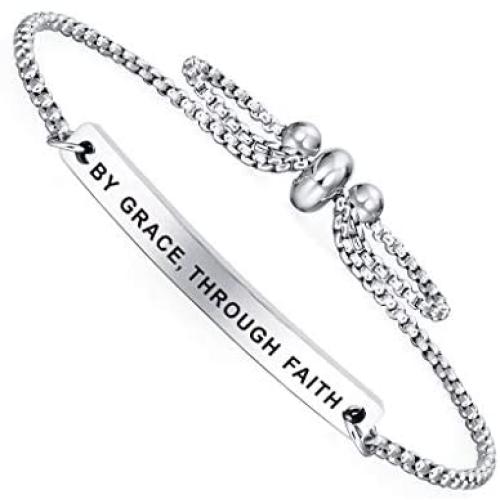 SOUSYOKYOSAM Dainty Cuff Bracelet - by Grace, Through Faith - Christian Bible Verse Gifts for Women Teen Girls