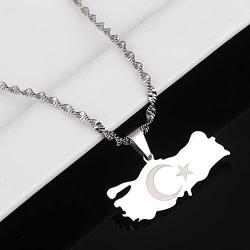 Stainless Steel Silver Color Turkey Map Pendant Necklace Turkish Flag Charm Jewelry