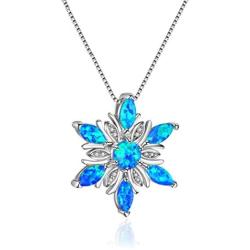 HUNO Delicate Created Opal Snowflake Pendant Necklaces with Cubic Zirconia Women Winnter Snow Flower Jewelry
