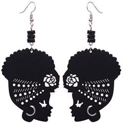 Wooden Flower Turban African Woman Head and Bead Dangle Hook Earrings