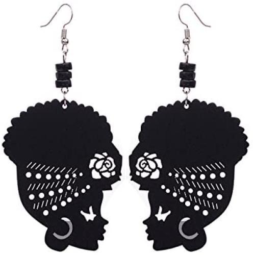 Wooden Flower Turban African Woman Head and Bead Dangle Hook Earrings Wooden Flower Turban African Woman Head and Bead Dangle Hook Earrings