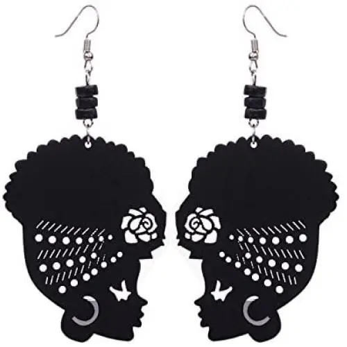 Wooden Flower Turban African Woman Head and Bead Dangle Hook Earrings