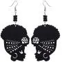 Wooden Flower Turban African Woman Head and Bead Dangle Hook Earrings