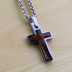 MJ Metals Jewelry Personalized Tungsten Carbide Hawaiian Koa Wood Cross Pendant Necklace 18'' to 20'' SS Wheat Chain