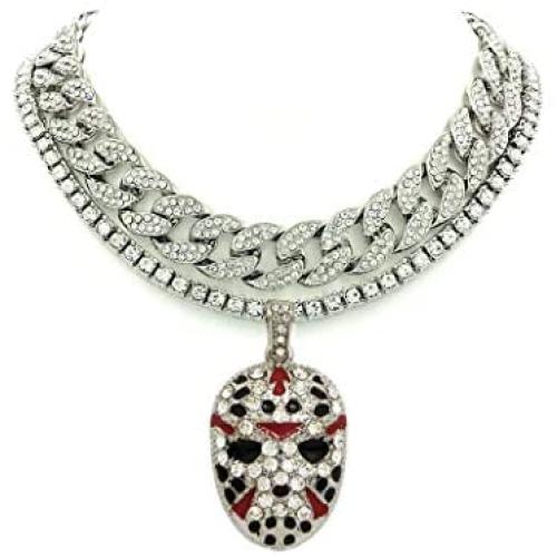 Shiny Jewelers USA Mens Iced Out Rapper Mask Hip Hop Pendant 1 Row CZ Tennis Miami Cuban Link Chain Necklace