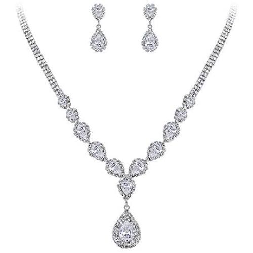 BriLove Womens Wedding Bridal CZ Crystal Teardrop Infinity Y-Necklace Dangle Earrings Set