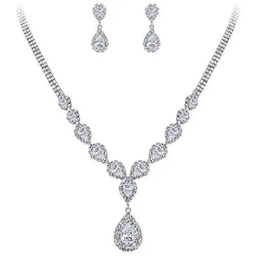 BriLove Womens Wedding Bridal CZ Crystal Teardrop Infinity Y-Necklace Dangle Earrings Set