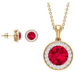 4.89 CT Ruby and Diamond Pendant and Earring Matching Set, Halo Jewelry Set, 14K White Gold
