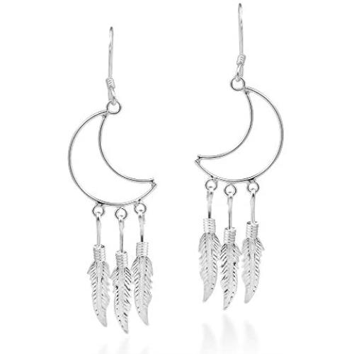 Crescent Moon Outline Chandelier Feathers .925 Sterling Silver Dangle Earrings