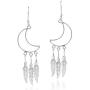 Crescent Moon Outline Chandelier Feathers .925 Sterling Silver Dangle Earrings