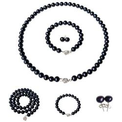 Pearl Romance II Round Pearl II Black Pearl Necklace Bracelet & Earrings Set for Women 3 Piece Set Strand Stud Earring Pearl Jewelry Christmas Genuine Cultured Freshwater