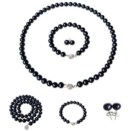 Pearl Romance II Round Pearl II Black Pearl Necklace Bracelet & Earrings Set for Women 3 Piece Set Strand Stud Earring Pearl Jewelry Christmas Genuine Cultured Freshwater