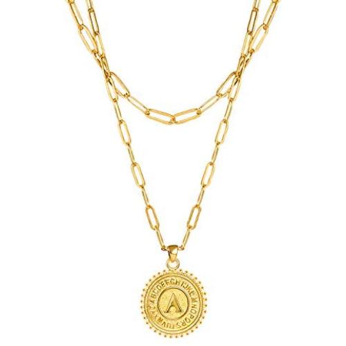 Andsion Dainty Gold Initial Necklaces for Women & Girls Chain Necklace, 18K Gold Plated Layered Necklaces for Women Personalized Coin 26 Letter Necklace Pendant Paperclip Necklace Jewelry Gifts