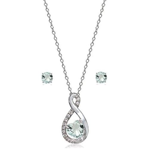 Lovve Sterling Silver Gemstone & White Topaz Infinity Heart Necklace Earrings Set