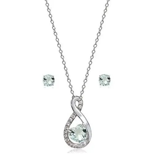 Lovve Sterling Silver Gemstone & White Topaz Infinity Heart Necklace Earrings Set
