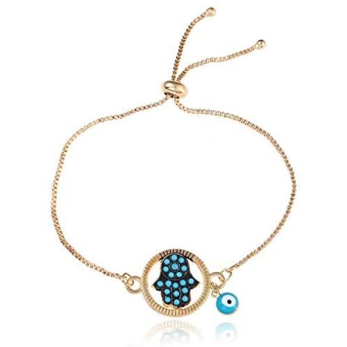 Tattooshe Gold Plated Turkish Evil Eye Bracelet Fatima Hamsa Pave Crystal Blue Eye Chain Bracelet Adjustable Female Party Jewelry