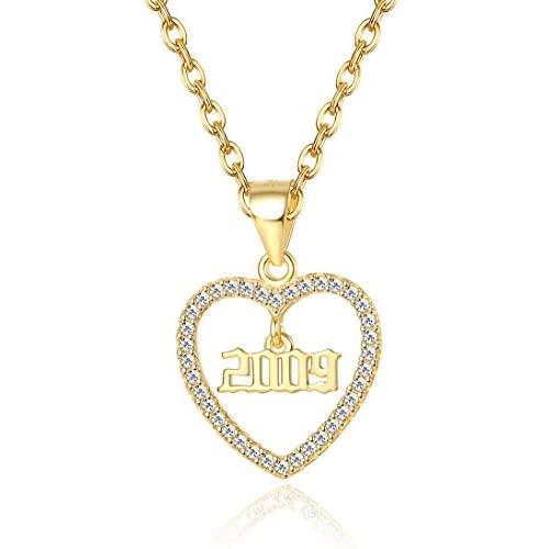 Jewenova Birth Year Number Necklace for Women 14K Gold Plating CZ Heart Pendant Necklace 1990-2010 Birthday Jewelry