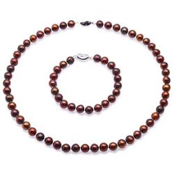 JYX Pearl Necklace Set Coffee Freshwater Pearl Necklace and Bracelet Set 8-9mm Flat Round