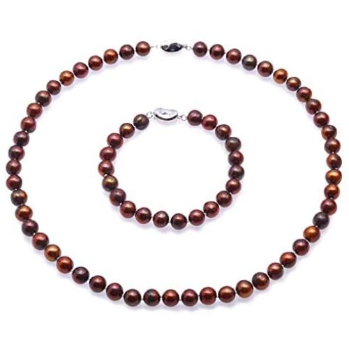 JYX Pearl Necklace Set Coffee Freshwater Pearl Necklace and Bracelet Set 8-9mm Flat Round