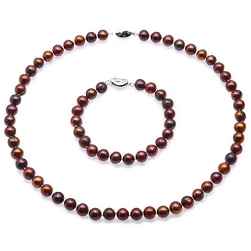 JYX Pearl Necklace Set Coffee Freshwater Pearl Necklace and Bracelet Set 8-9mm Flat Round JYX Pearl Necklace Set Coffee Freshwater Pearl Necklace and Bracelet Set 8-9mm Flat Round