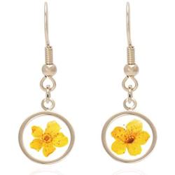BONALUNA Pressed Flower Yellow Gold Plated Circle Dangle Drop Earrings