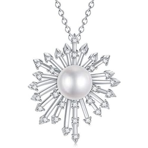 Zoeniya Dandelion Necklace s925 Sterling Silver Pendant Necklace with 7-8mm Freshwater Cultured Pearl Jewelry Gifts for Women Teen Girls Birthday Christmas Wedding Anniversary