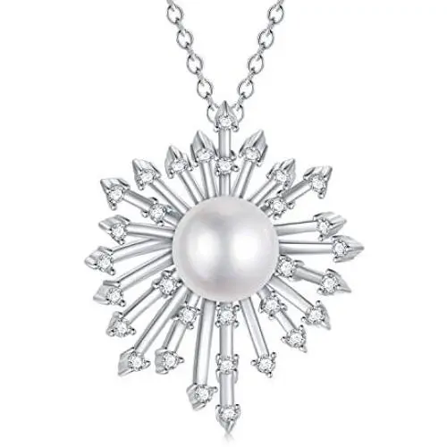 Zoeniya Dandelion Necklace s925 Sterling Silver Pendant Necklace with 7-8mm Freshwater Cultured Pearl Jewelry Gifts for Women Teen Girls Birthday Christmas Wedding Anniversary