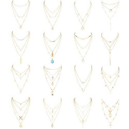 JOERICA 16 Pcs Gold Layered Necklaces Choker Chain Y Necklace Set for Women Disc Bar Shell Feather Horn Blessed Virgin Mary Pendant Necklace Jewelry Gift