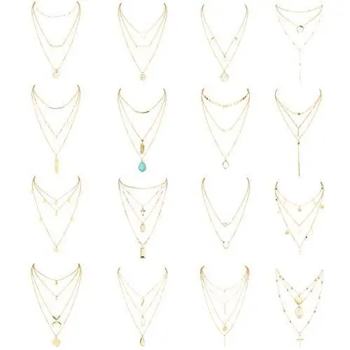 JOERICA 16 Pcs Gold Layered Necklaces Choker Chain Y Necklace Set for Women Disc Bar Shell Feather Horn Blessed Virgin Mary Pendant Necklace Jewelry Gift