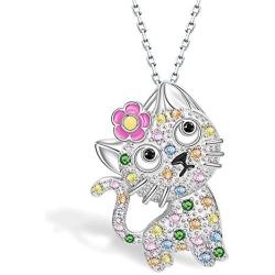 Bolelis Color Kitty Cat Necklace - 925 Sterling Silver Cute Cat Pendant Necklaces for Christmas Jewelry Gift for Little Girls Cat Lover Daughter