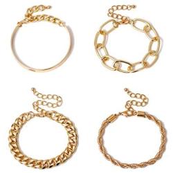 4 Pcs 14K Gold Plated Chunky Paperclip Link Chain Bracelet for Women Girls,Punk Twisted Rope Adjustable Bracelets Dainty Jewelry