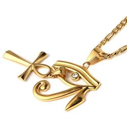 HZMAN Gold Stainless Steel Eye of Horus Egypt And Coptic Ankh Cross Religious Pendant Necklace 24'' Figaro Chain