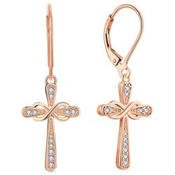 YL Cross Earrings 925 Sterling Silver Infinity Leverback Earrings Cross Dangle Drop Religious Jewelry Christian Baptism Gift