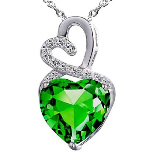 Lab-Created Gemstone Birthstone Heart and Diamond Accent Necklace Pendant Charm in 10k White Gold or 10k Yellow Gold plated or 925 Sterling Sliver with 18” Chain (Choose your Birthstone)