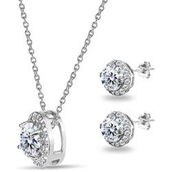 Sterling Silver Round Halo Stud Earrings & Necklace Set Made with Swarovski Zirconia