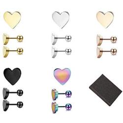 Junmpook 5 Pairs Stainless Steel Heart Earrings with Screw Back Stud Earrings Set for Women Girls Men