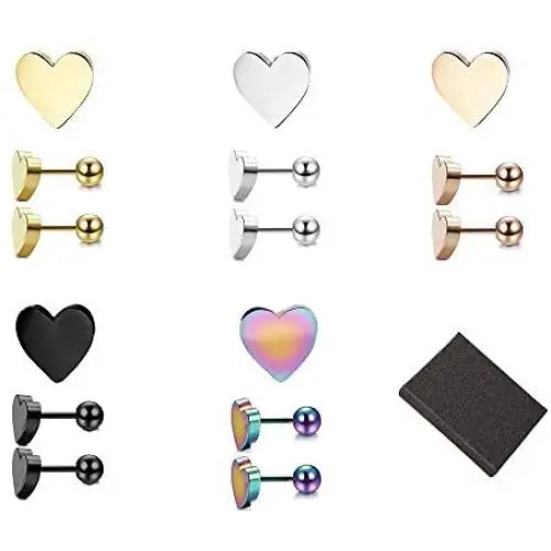 Junmpook 5 Pairs Stainless Steel Heart Earrings with Screw Back Stud Earrings Set for Women Girls Men Junmpook 5 Pairs Stainless Steel Heart Earrings with Screw Back Stud Earrings Set for Women Girls Men