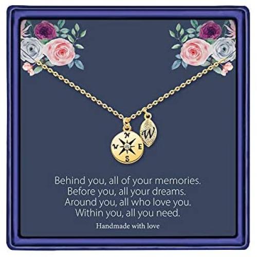MONOOC Graduation Gifts for Women Necklace, 14K Gold Plated Graduation Necklace Compass Necklace Dainty Compass Pendant Necklace College Graduation Gifts for Her High School