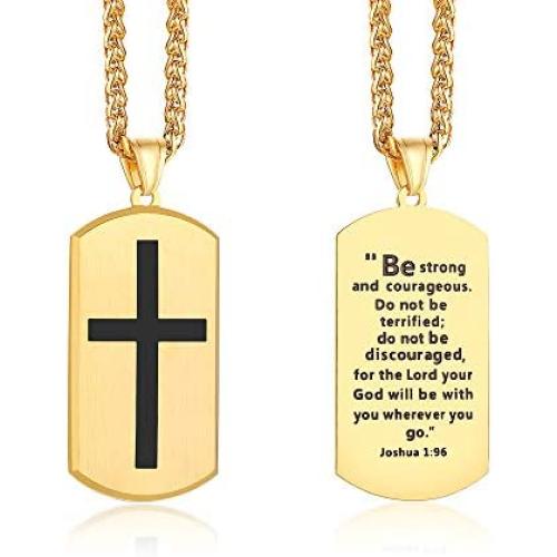 MEALGUET Joshua 1:9 Necklace, Stainless Steel Dogtag and Cross Pendant Christian Gifts,Be Strong and Courageous Engraved Bible Verse Necklace,Baptism Gift, Confirmation Bible Verse Jewelry for Men