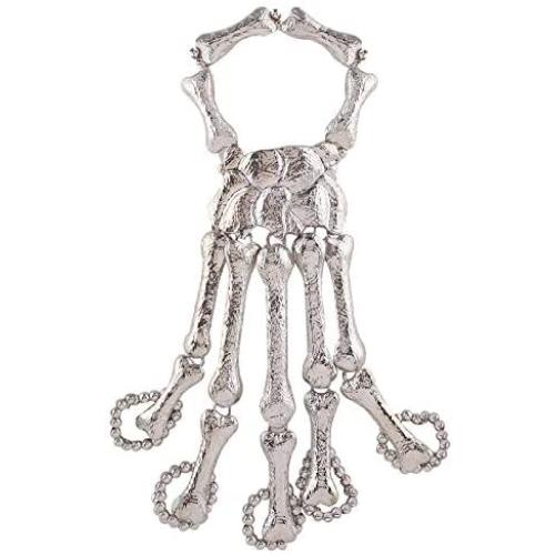 Gothic Skull Skeleton Bone Hand Bracelet with Ring Halloween Talon Wristband Punk Rock Exaggerated Metal for Men Women Nightclub Party Jewelry