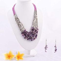 Shop LC Handmade Coastal Drop Earrings Chips Beaded Statement Necklace Purple Glass Silvertone Prom Vintage Jewelry Sets for Women