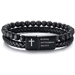 MEALGUET Mens Inspirational Bible Verse Bracelets Lava Rock Bead Bracelet Healing Balancing Braided Leather Wristband with Magnetic Clasp