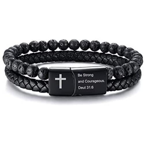 MEALGUET Mens Inspirational Bible Verse Bracelets Lava Rock Bead Bracelet Healing Balancing Braided Leather Wristband with Magnetic Clasp