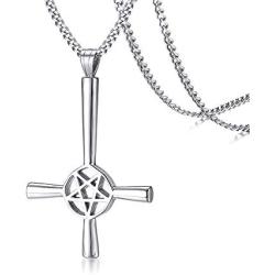 PJ Jewelry Inverted Pentagram Cross Necklace Stainless Steel Upside Down Lucifer Satan Satanic Symbol Pendant