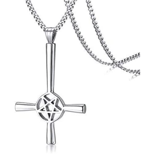 PJ Jewelry Inverted Pentagram Cross Necklace Stainless Steel Upside Down Lucifer Satan Satanic Symbol Pendant