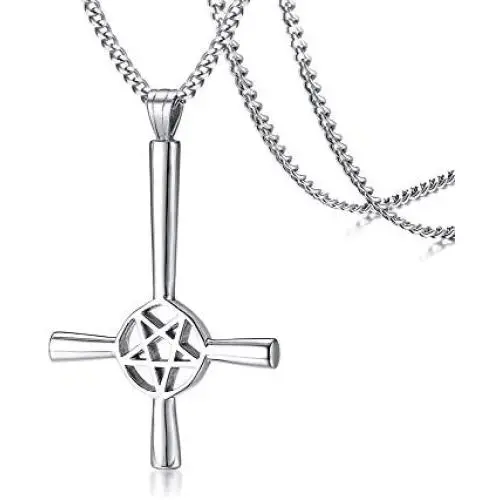 PJ Jewelry Inverted Pentagram Cross Necklace Stainless Steel Upside Down Lucifer Satan Satanic Symbol Pendant