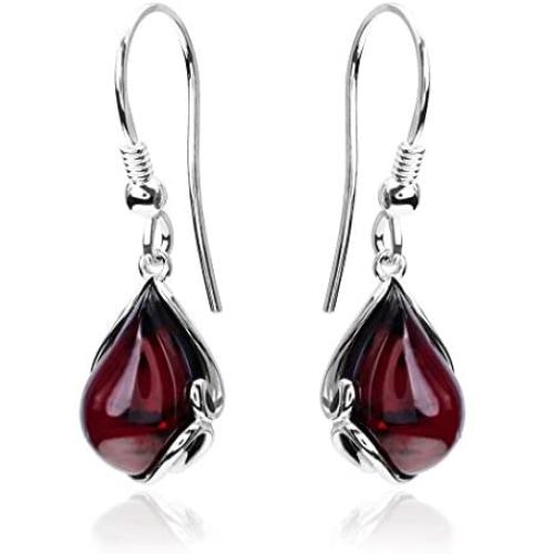 Black Cherry Amber Sterling Silver Fishhook Earrings