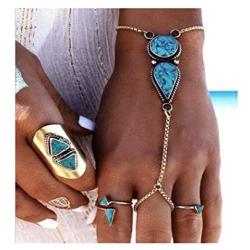 Campsis Boho Finger Ring Bracelet Turquoise Bracelet Silver Festival Hand Chain Decorative Jewelry for Women and Girls