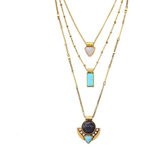 Peony.T Layered Necklace Boho Jewelry Set Turquoise Black Gem Pendant Long Chain Neckalce Gold Tone